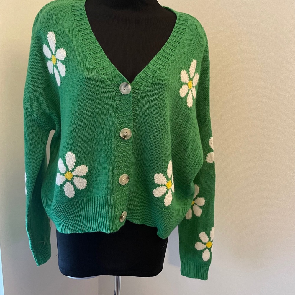 Just Polly New York Green Daisy Floral Knit Cardigan Sweater‎ Womens Small